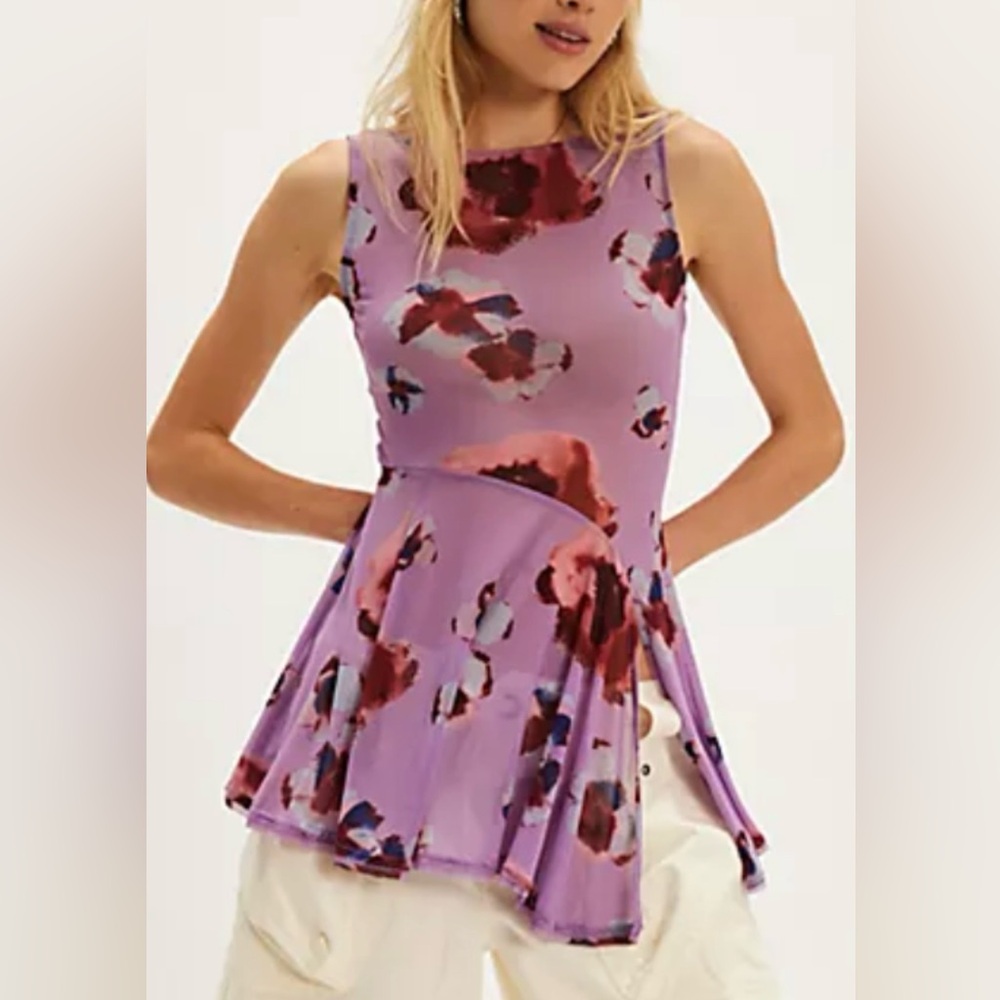 Free People Chrissy Tunic Size S Lavender Sheer Mesh with Floral Pattern NWT